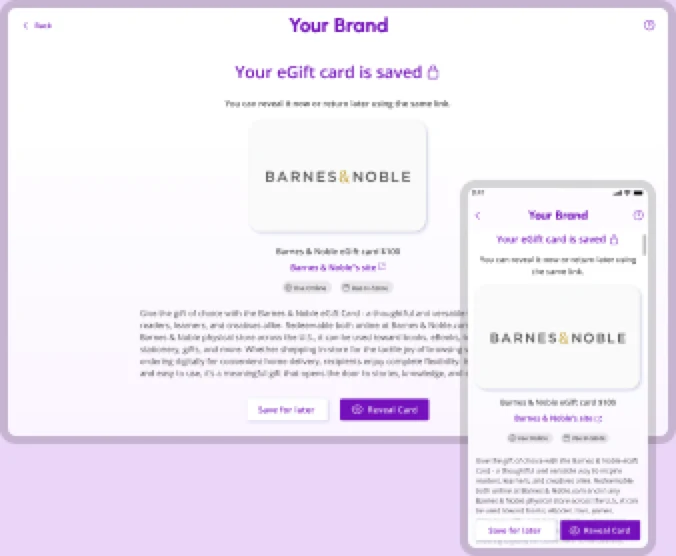 White-label gift card reveal experience on desktop and mobile